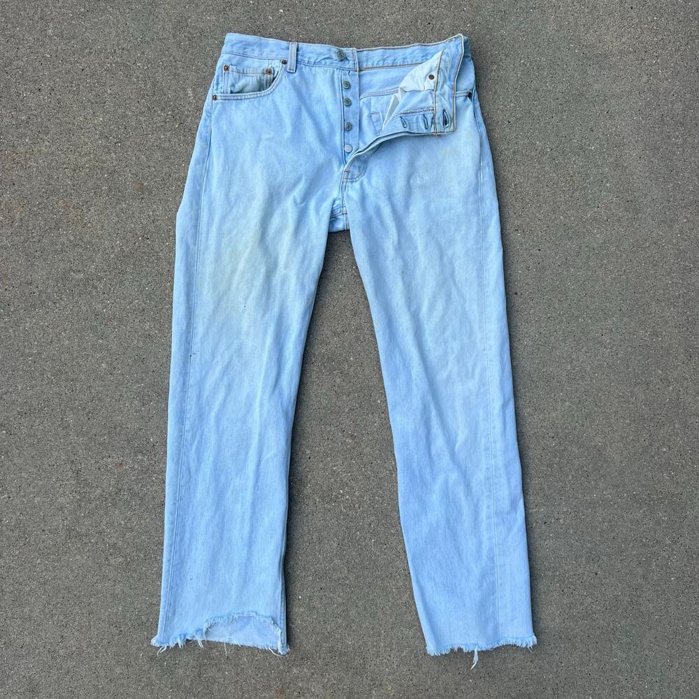 Levi's 501 Button Fly Straight Leg Faded White Blue Cut Off Jeans FITS 34x33